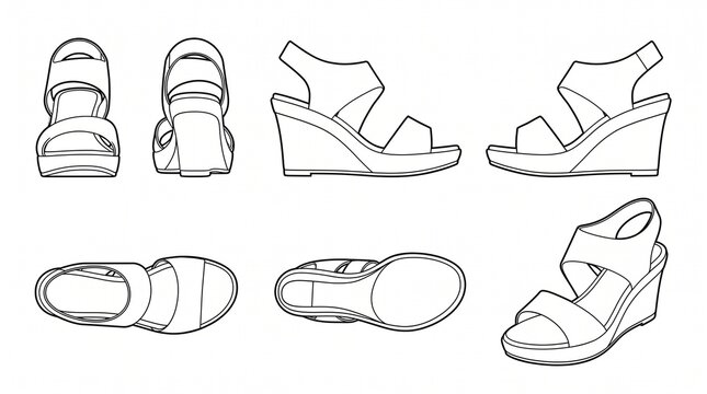 Women's Wedge Sandals Technical Fashion Illustration Set - Footwear Flat Sketches in Multiple Viewpoints