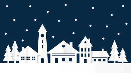 Fototapeta premium A charming flat design illustration of a serene winter village scene at night, featuring white buildings, evergreen trees, and falling snow against a dark blue sky.