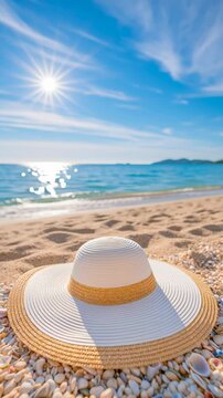 White and beige woven sun hat resting on a sandy beach under bright summer sunlight, with sparkling blue ocean, clear sky, and a distant island creating a peaceful tropical vacation scene.