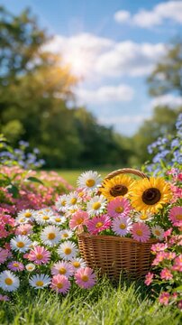 Colorful wildflower garden with a rustic wicker basket filled with bright yellow sunflowers, white daisies, and pink flowers, surrounded by lush greenery under warm sunlight and a softly blurred summe
