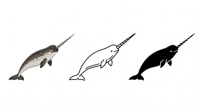 Minimalist narwhal illustration set, three whale icons in different styles, black and white aquatic animal graphics for design