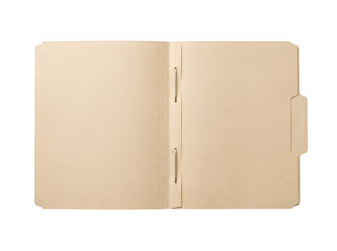 Open manila office folder with metal fasteners for document organization isolated on transparent background