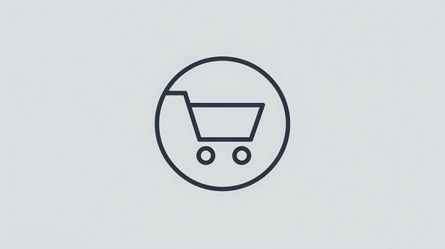 Minimal shopping cart icon in a circle, flat line art ecommerce checkout symbol.