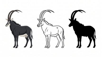 Fototapeta premium Sable antelope illustration set, African wildlife icons in color, line art, and silhouette styles, wild animal graphics