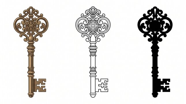 Vintage ornate skeleton keys set, antique bronze and black silhouette key icons, decorative Victorian metal key collection