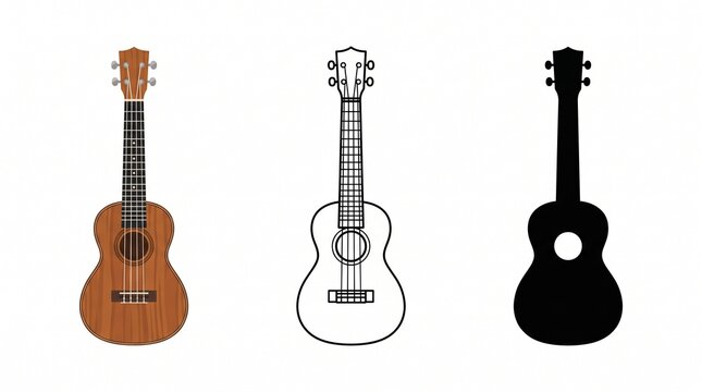 Ukulele instrument set with three styles. Wooden ukulele photo, line art drawing, and black silhouette icons. Musical string instruments on white.