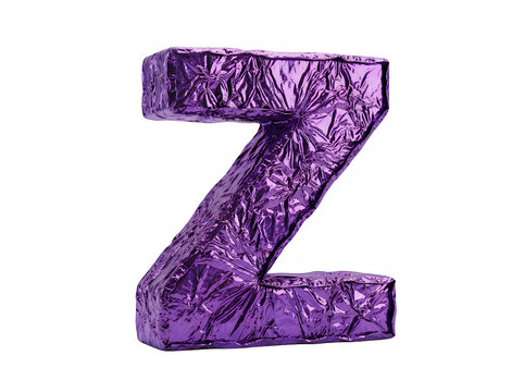 Three dimensional letter z made of shiny purple crumpled foil isolated on transparent background