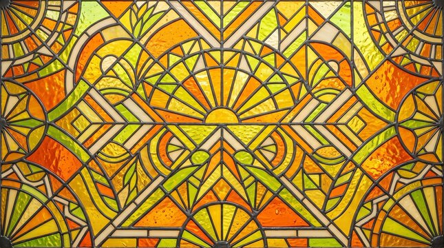 Symmetrical Art Deco Stained Glass Window Pattern Yellow Orange Sunburst Mosaic Panel