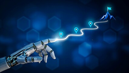 Naklejka premium Artificial intelligence and robotics concept with robotic hand following a glowing path toward digital innovation