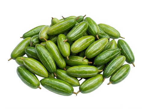 A large pile of fresh green pointed gourds isolated on transparent background