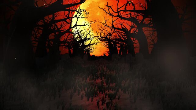 Haunted Forest At Halloween Night With Glowing Full Moon, Spooky Graveyard And Dark Bare Trees Creating A Mysterious Horror Atmosphere, Halloween Background Concept