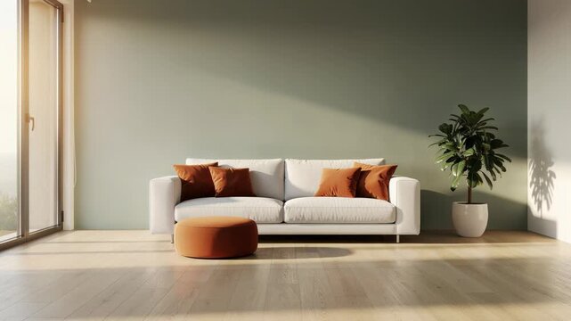 Modern living room with white sofa orange cushions and green plant in natural sunlight minimalist interior design