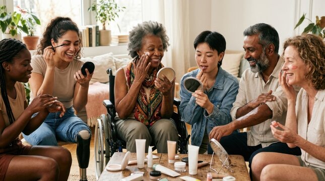 Diverse group of people sharing makeup and skincare products at a social gathering