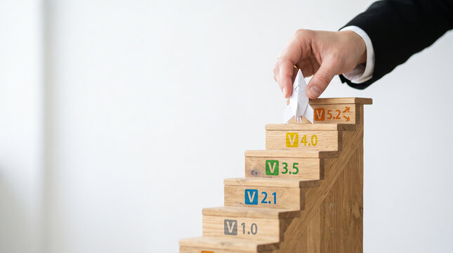 Ai agent permission management wooden stair version upgrade hand paper plane progress concept