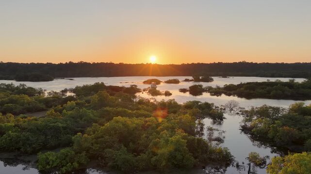 Amazonian Sunset At Novo Airao In Amazonas Brazil. Anavilhanas National Park. Sunset Landscape. Amazon Rainforest. Amazonian Sunset In Novo Airao In Amazonas Brazil. Wildlife Skyline. Sunset Sky.