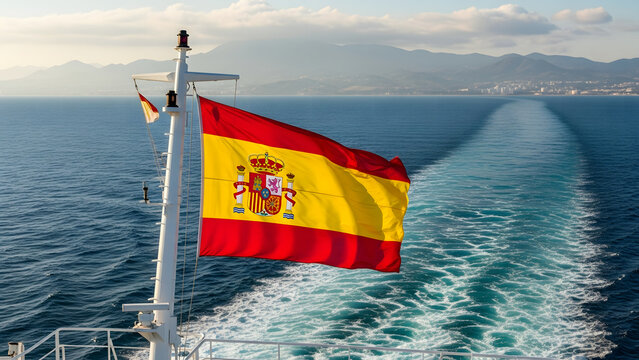 Spanish flag flying on a boat sailing on the ocean