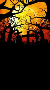 Spooky Halloween Graveyard With Cross Tombstones And Bare Trees Against A Glowing Orange Night Sky, Halloween Background Concept