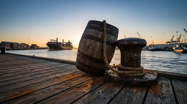 Old wooden barrel and mooring bollard on dock.