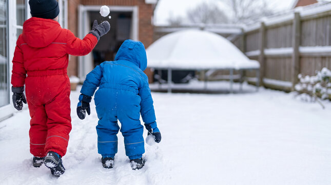 Two young children in winter snowsuits, with red and blue hooded outerwear, throwing snowball in yard, snowy backyard garden setting, outdoor activity photography