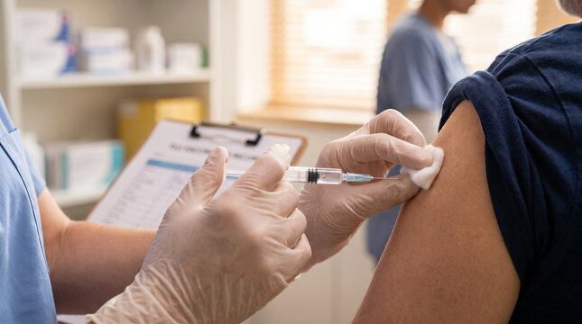 Healthcare worker in blue scrubs, holding syringe and cotton swab against patient arm, administering vaccine injection, clinical treatment room, medical photography