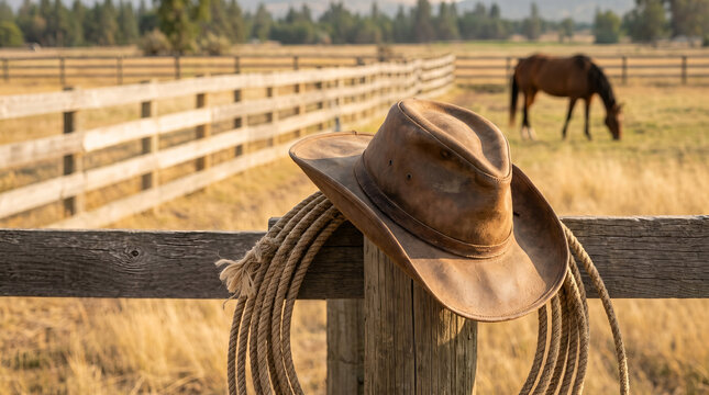 Leather cowboy hat and coiled lasso, resting on weathered wooden fence post, placed outdoors in warm sunlight, at a rural horse ranch field, western lifestyle photography