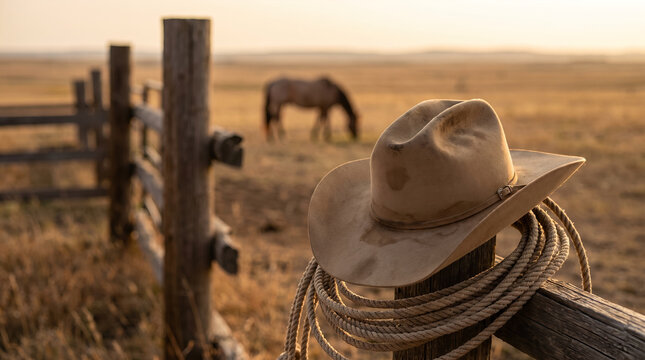Felt western hat and braided lasso rope, hanging over wooden corral fence, positioned in soft evening light, across open prairie farmlands, rural ranching photography