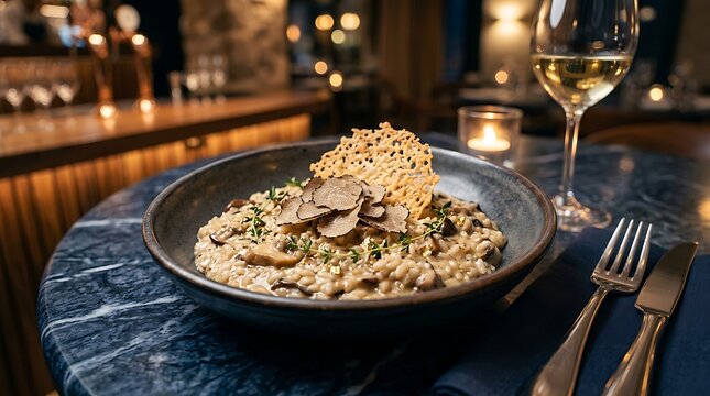 Gourmet black truffle risotto served in elegant bowl with wine and fork on rustic table setting