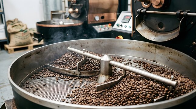 Coffee beans roasting in an industrial machine with smoke rising showcasing the coffee production process in a factory setting