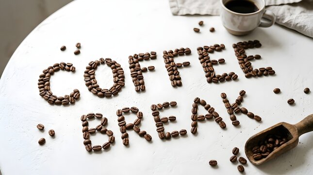 Coffee break spelled in roasted coffee beans on a white table with a cup of black coffee and a wooden scoop top view composition