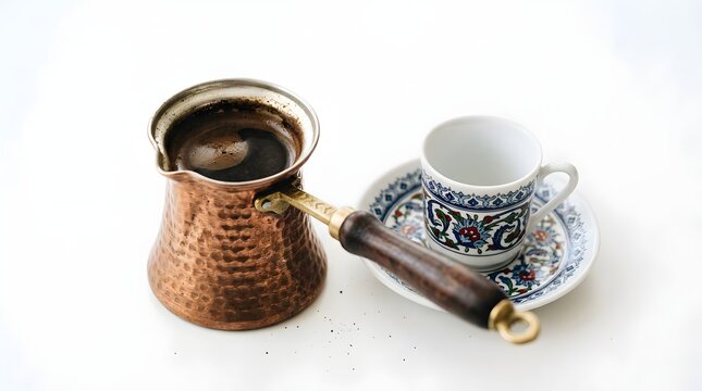 Traditional copper cezve with freshly brewed Turkish coffee being poured into a floral ceramic cup on a white surface