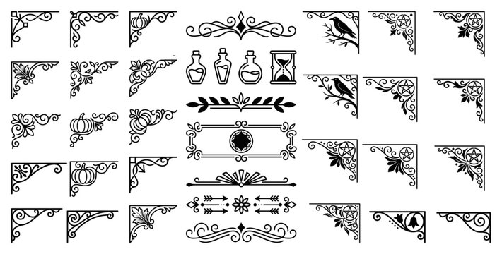 Witchy botanical corners and potion bottle icons for mystical aesthetic craft projects.