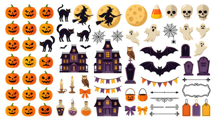 Fototapeta premium Cute flat Halloween icon set with smiling pumpkins, haunted houses, witches, black cats, bats, ghosts, and decorative banners. Cartoon vector style for invitations, web design