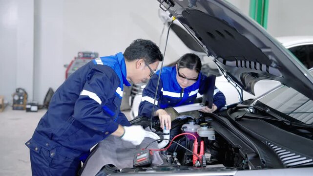Two automotive technicians inspect and service a vehicle engine compartment while performing maintenance and diagnostic work in a professional repair workshop.
