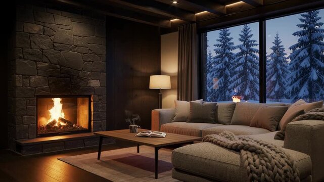 Cozy living room with warm fireplace and snowy forest view in modern cabin interior design