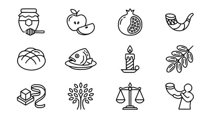 Fototapeta premium Jewish Holiday Symbols Icons Set Isolated on White Background