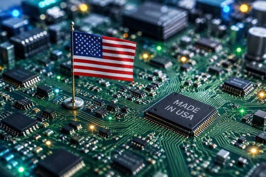 American semiconductor manufacturing concept with USA flag and microchip on circuit board, domestic chip production, electronics industry, technology innovation and supply chain