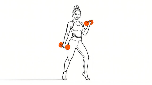 A line drawing of a person doing bicep curls with orange dumbbells for exercise