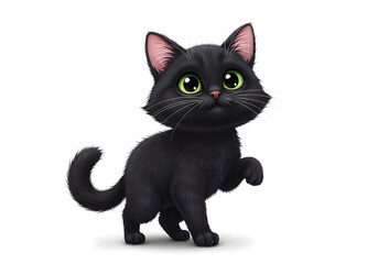 Fototapeta premium Adorable black kitten with green eyes standing on hind legs against plain white backdrop