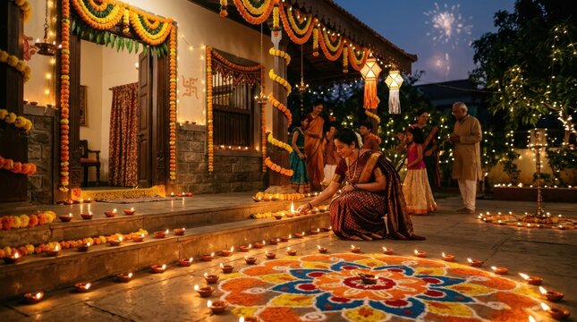Traditional Indian Diwali festival celebration with colorful Rangoli and lighting decorations