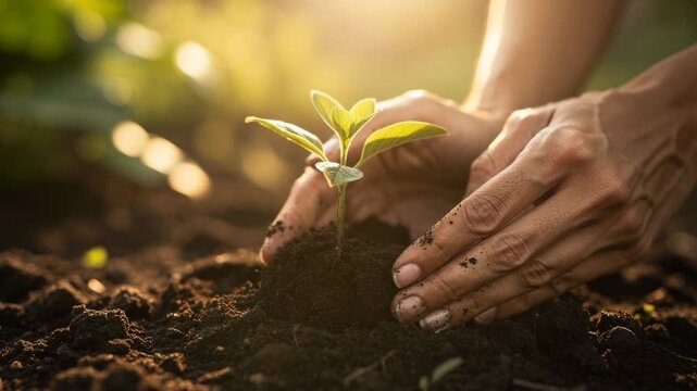 Hands planting young green seedling in rich soil with sunlight background for growth and nature care