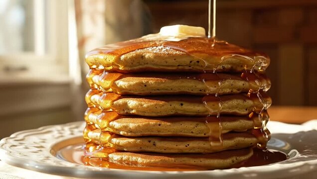 Stack of pancakes with honey on a white plate.