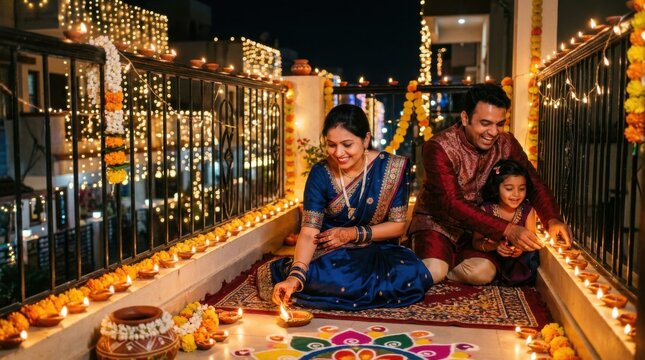 Joyful Indian Family Celebrating Festival on Rooftop with Decorative Lighting