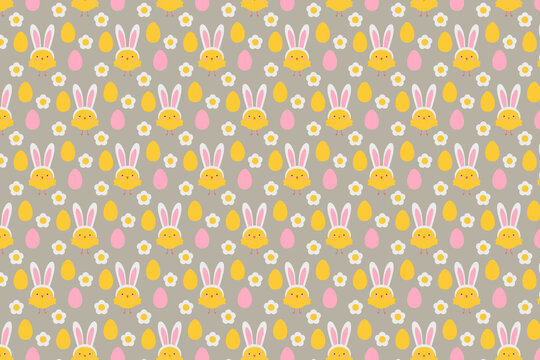 Seamless easter pattern with cute yellow cartoon bunny rabbits and pastel flowers on gray background
