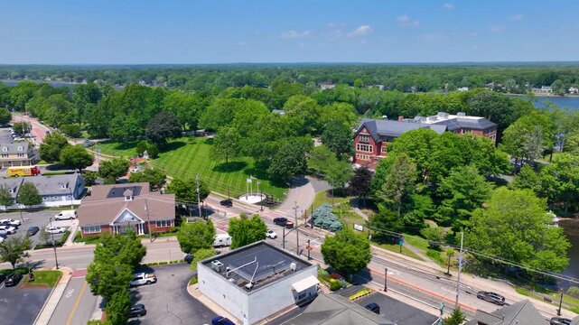 Barrington Town Hall aerial view at 283 County Road in Barrington Civic Center Historic District in town of Barrington, Rhode Island RI, USA. 