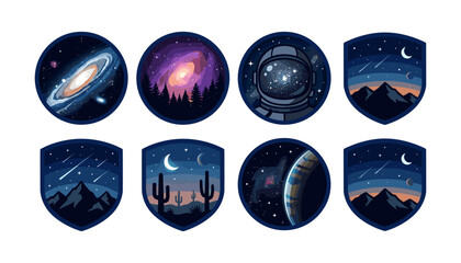 Space Exploration Badge Set Featuring Astronaut Helmet Galaxy Nebula Night Mountains and Desert Landscape Vectors for Logos Stickers and Outer Space Emblem Designs © MSTFarjana