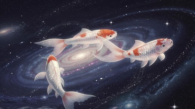 Beautiful cosmic koi fish swimming in a starry galaxy with vibrant colors and mystical atmosphere