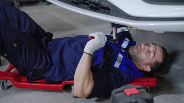 Automotive technician wearing protective workwear and gloves repairs the undercarriage of a vehicle using a wrench in a professional workshop.
