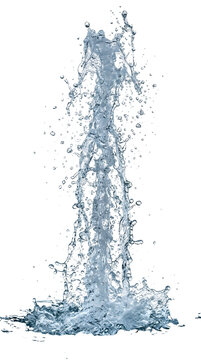 A powerful splash of clear water droplets suspended in mid air against a white background capturing motion and fluidity