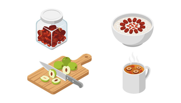 Jujube Fruit Vector Set Featuring Fresh Slices on Board Dried Dates in Glass Jar Sweet Porridge Bowl and Hot Herbal Tea Mug for Healthy Asian Food Designs