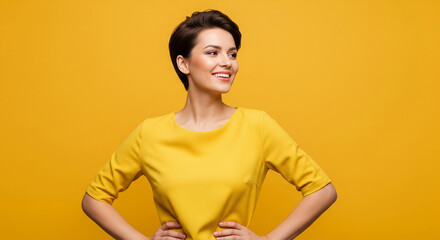 Obraz premium Cheerful young woman in a yellow shirt posing confidently perfect for fashion posts and lifestyle blogs and outstanding work